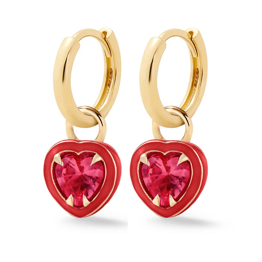 Heart Shape Enamel Halo Gold Huggie -Ruby-