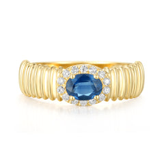 Striped Gold Ring with Oval Gemstone and Outline Lab Diamond