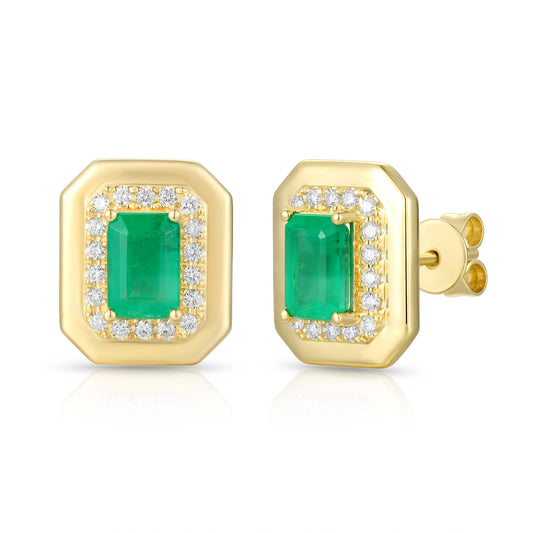 Emerald with Outline Diamond Bezel Earrings