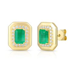 Emerald with Outline Diamond Bezel Earrings