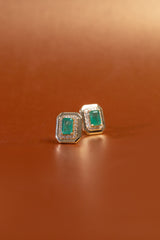 Emerald with Outline Diamond Bezel Earrings