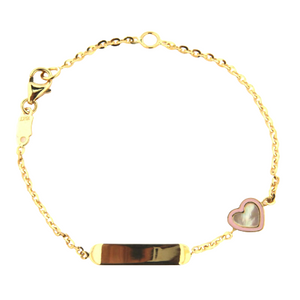Mother of Pearl Heart With Pink Enamel Border ID Baby Bracelet - 18K Solid Gold