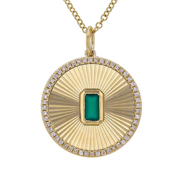 Fluted Disc Diamond with Emerald Cut Green Agate Lines