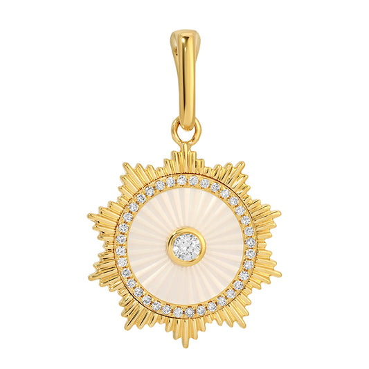 Fluted Round Mother Pearl Diamond Necklace Charm
