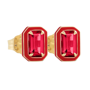 Emerald Cut Enamel Halo Stud Earrings -Ruby-