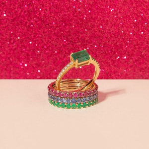 Half Diamond Half Gemstone Band with Center Emerald