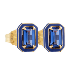 Emerald Cut Enamel Halo Stud Earrings -Sapphire-