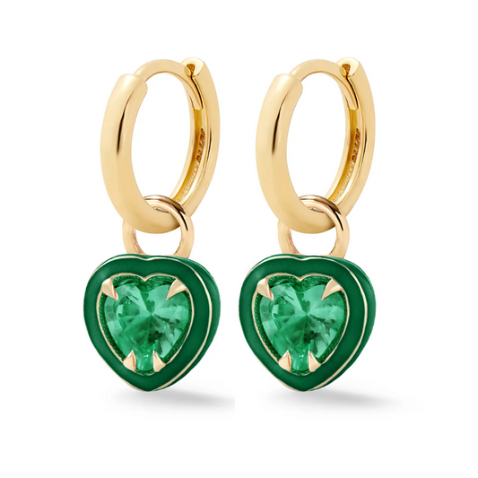 Heart Shape Enamel Halo Gold Huggie -Emerald-