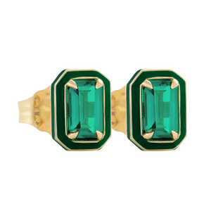 Emerald Cut Enamel Halo Stud Earrings -Emerald-