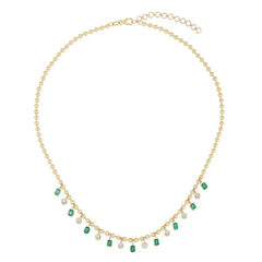 Emerald Bezel & Dangling Diamond Ball Chain Necklace