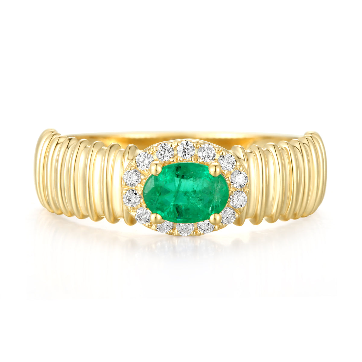 Striped Gold Ring with Oval Gemstone and Outline Lab Diamond