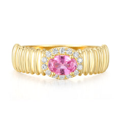 Striped Gold Ring with Oval Gemstone and Outline Lab Diamond