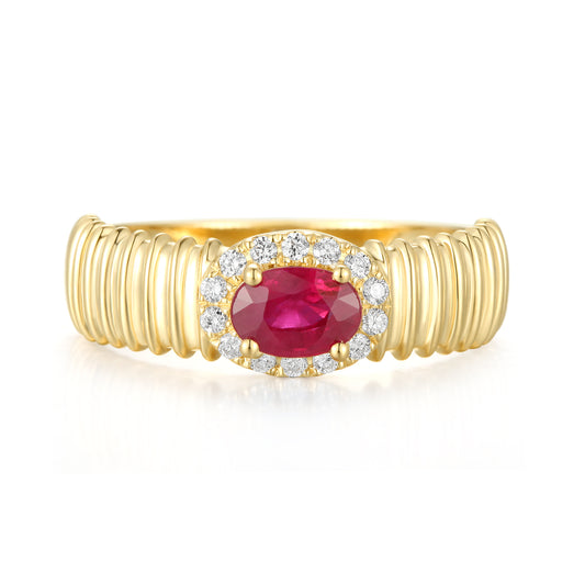 Striped Gold Ring with Oval Gemstone and Outline Lab Diamond