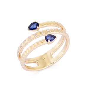 Striped Gold & Diamond Twist Ring with Sapphire* Size 6