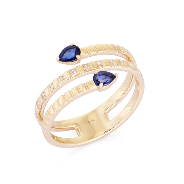 Striped Gold & Diamond Twist Ring with Sapphire* Size 6