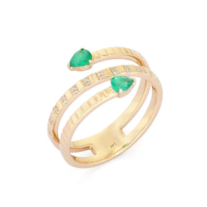 Striped Gold & Diamond Twist Ring with Emerald*