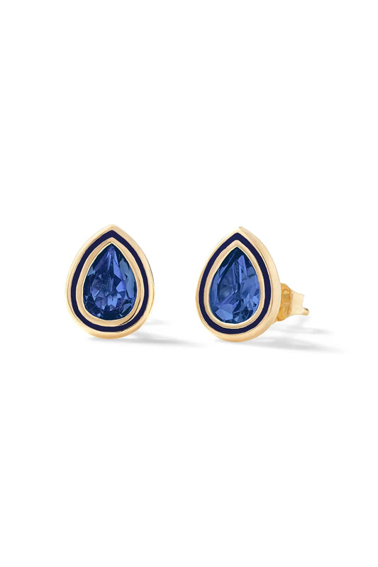 Pear Shape Enamel Halo Stud Earrings -Sapphire-