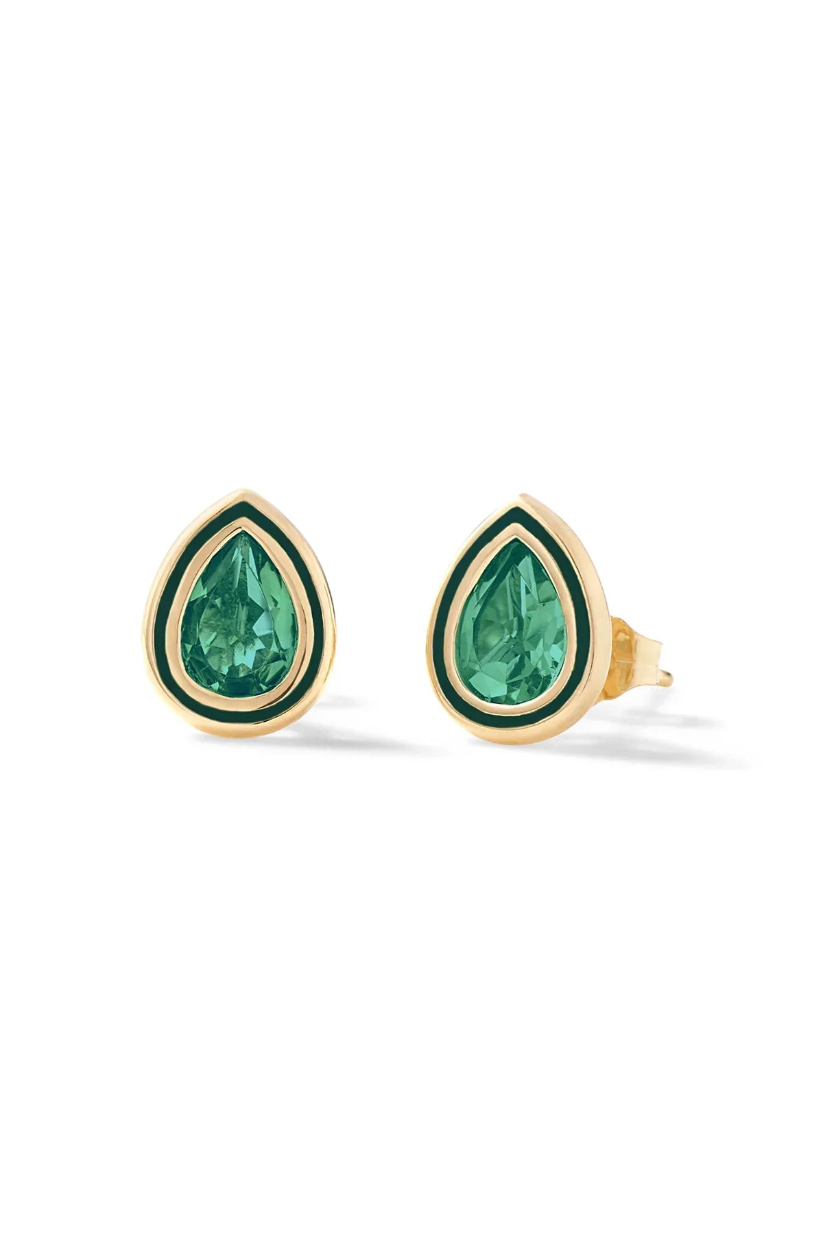 Pear Shape Enamel Halo Stud Earrings -Emerald-