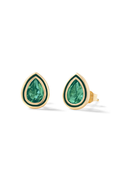Pear Shape Enamel Halo Stud Earrings -Emerald-