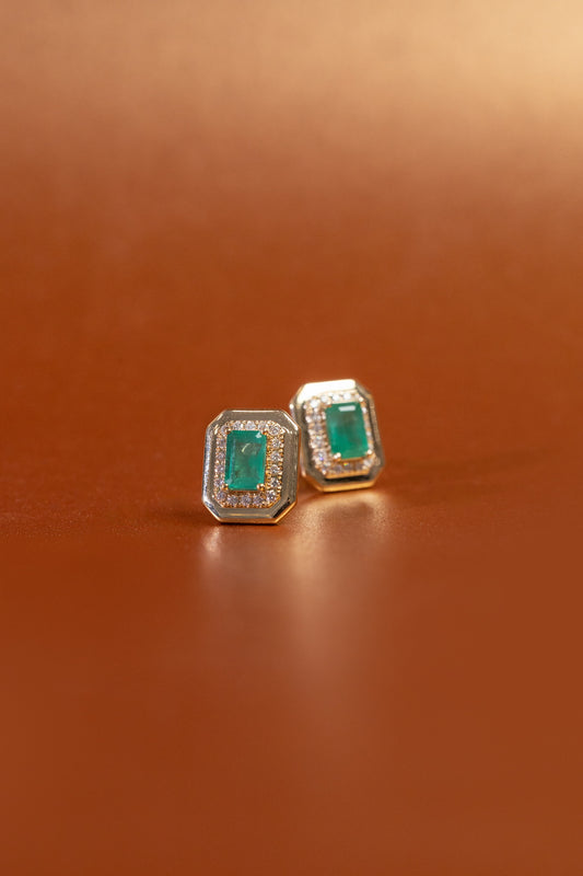 Emerald with Outline Diamond Bezel Earrings
