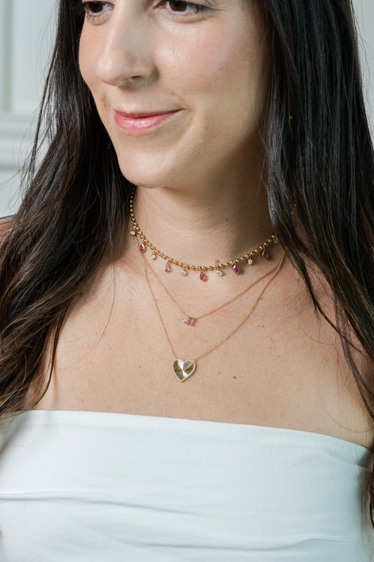 Pink Sapphire Emerald Cut and Diamond Pear Necklace*