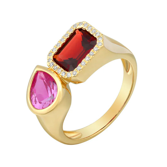 Two Stone Pave Diamond Amethyst & Garnet Ring