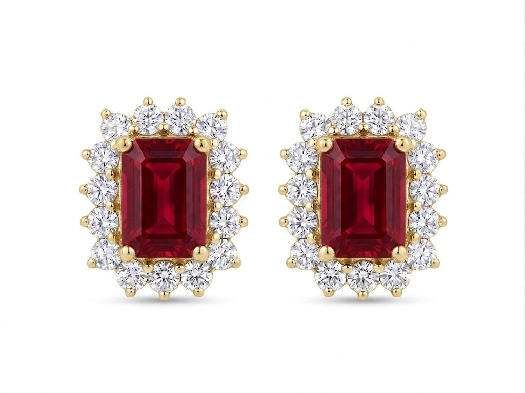 Emerald Cut and Diamond Spike Earrings - Ruby -