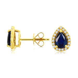 Blue Sapphire Pear Shape Halo Diamond Earrings