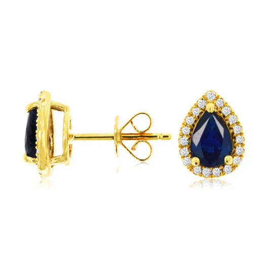 Blue Sapphire Pear Shape Halo Diamond Earrings