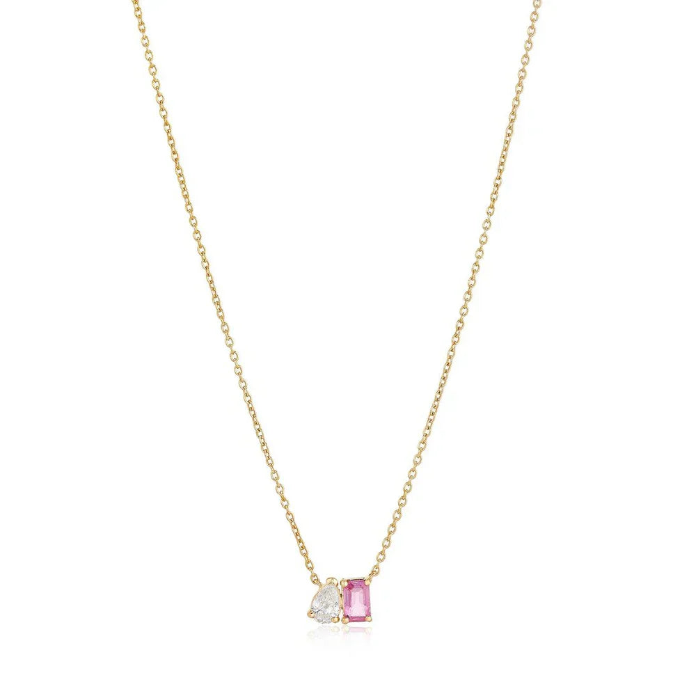 Pink Sapphire Emerald Cut and Diamond Pear Necklace*